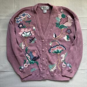 Vintage 90s Amanda Michaels Floral Mushroom Knit Sweater Womens Petite Large